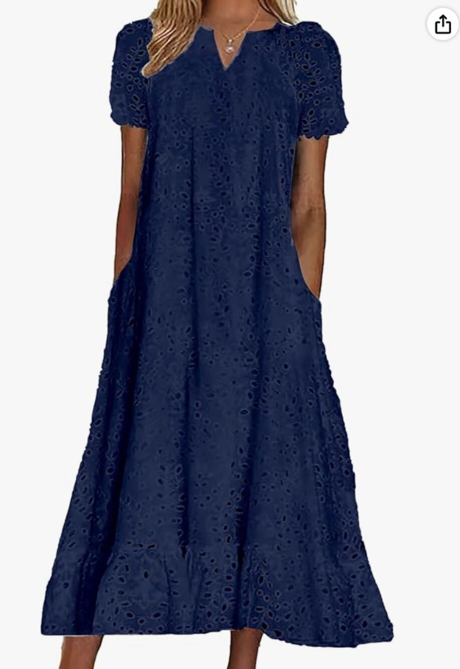 Summer Ruffle Hem Floral Lace Eyelet Dress Casual Notch Neck Midi Tunic Dress